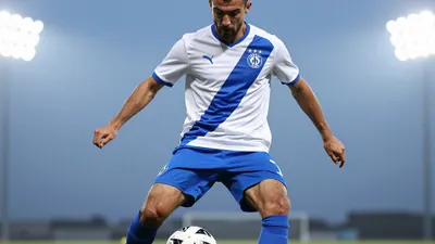 A photorealistic image of a Dinamo Zagreb player, wearing a white jersey with a blue stripe, a blue short, and blue...