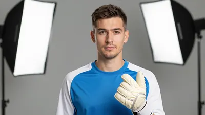 A 35-year-old male goalkeeper, wearing a blue jersey with white sleeves and a white goalkeeper's glove, standing in front...