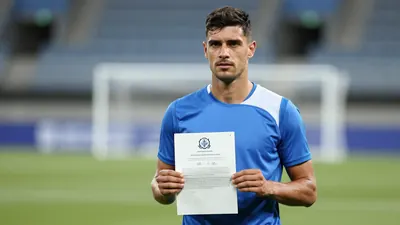 Mid-30s athletic-built club official, waist-up, holding a signed partnership document, expression focused, short dark...