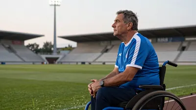 A 45-year-old male wheelchair-bound coach, dressed in a plain blue and white striped training top, sits on the edge of...