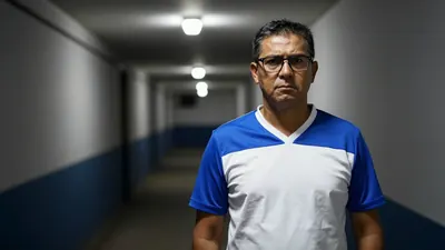 Backlit by a single overhead floodlight, captures a focused, middle-aged, bespectacled commissioner, dressed in a plain...