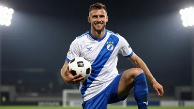 A photorealistic image of an anonymous Dinamo Zagreb player in his 20s, wearing a white jersey with blue and white...