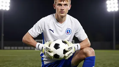 A photorealistic image of a 31-year-old Dinamo goalkeeper in a white jersey with blue shorts and blue socks, holding a...