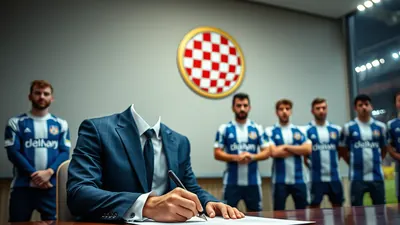 A teenage footballer in a plain blue training kit, barefoot on the lush green pitch of Maksimir Stadium, clutching a...